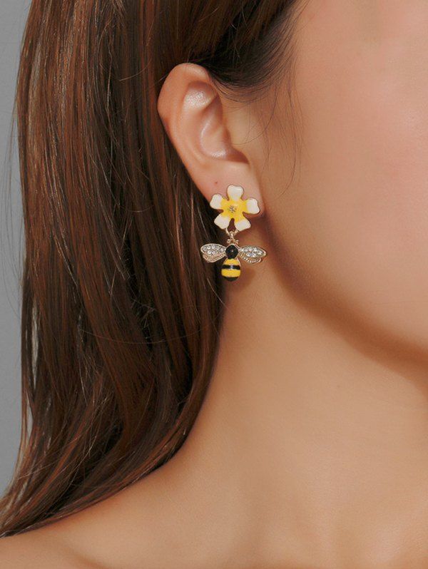 

Rhinestone Flower Bee Earrings, Gold