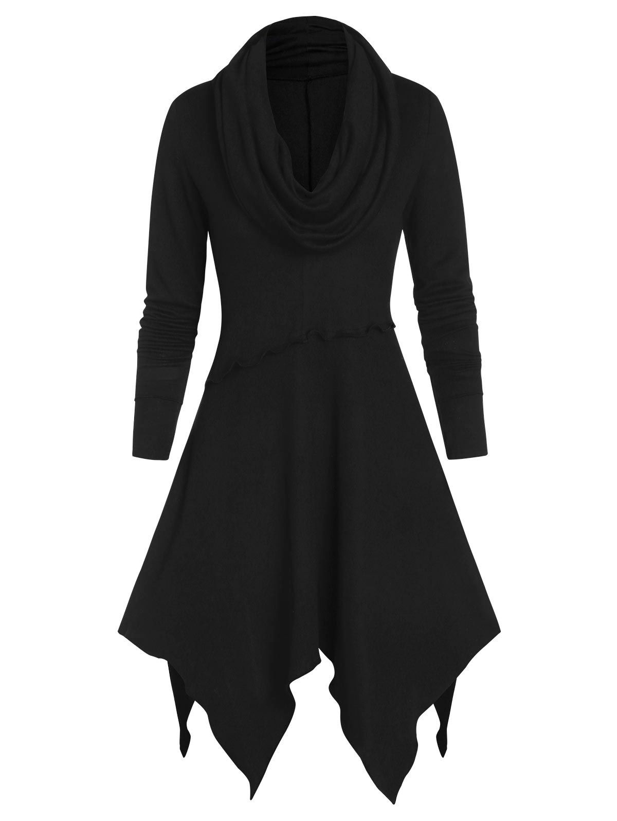 

Long Sleeve Cowl Neck Ruffle Handkerchief Sweater Dress, Black