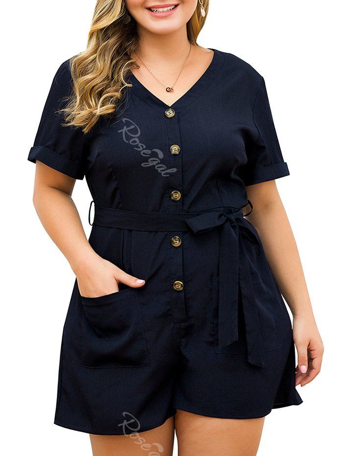 

Plus Size Pockets Belted Button Up Romper, Black
