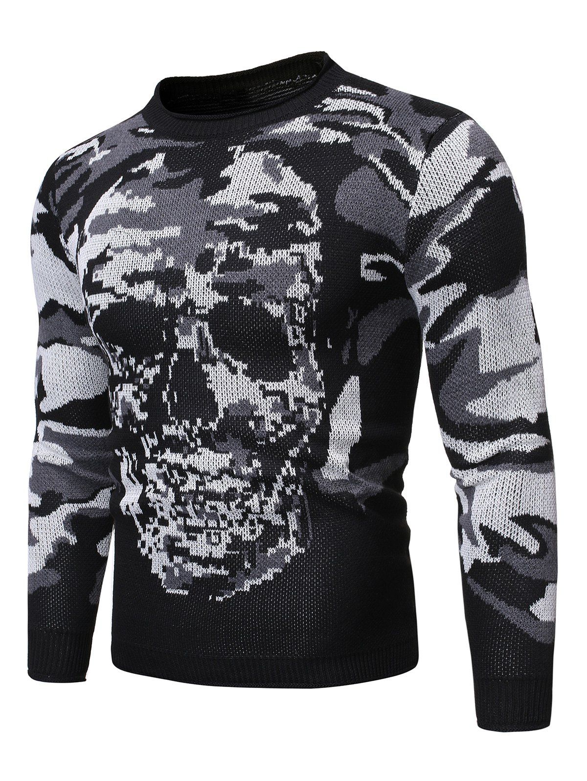 Camo Skull Pattern Round Neck Sweater, Gray