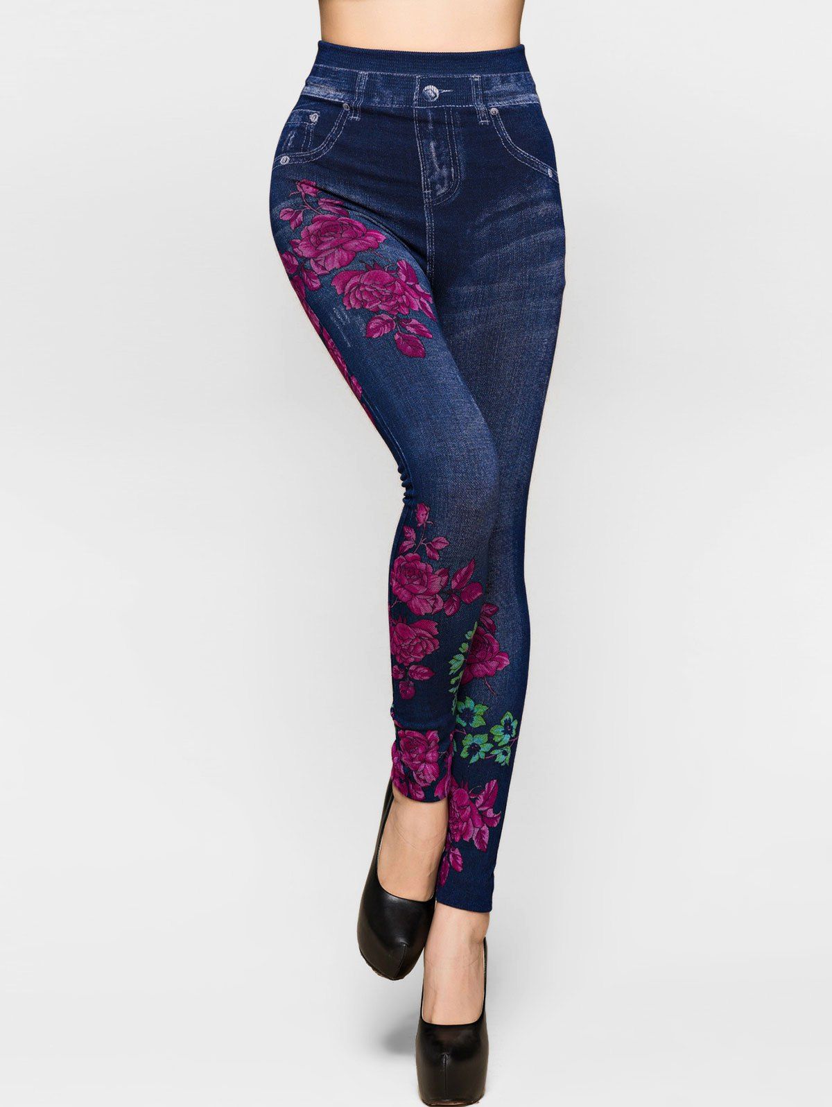 

High Rise Rib Knit Waistband Flower 3D Jeggings, Denim dark blue