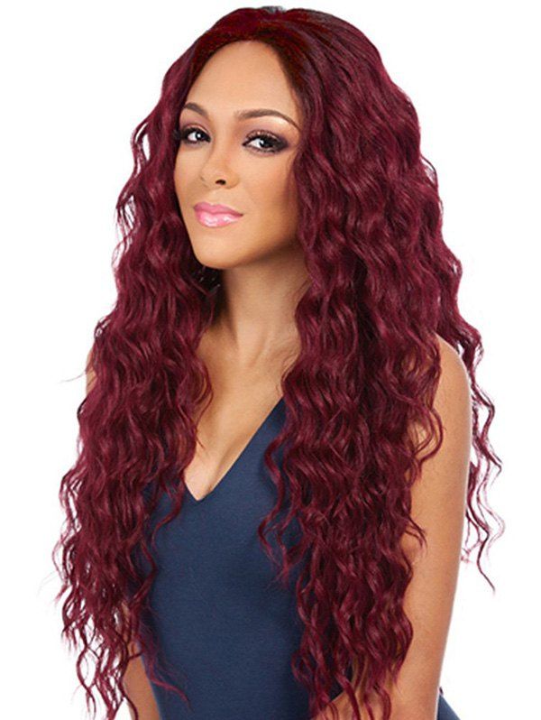 

Center Part Long Halloween Synthetic Wavy Wig, Red wine