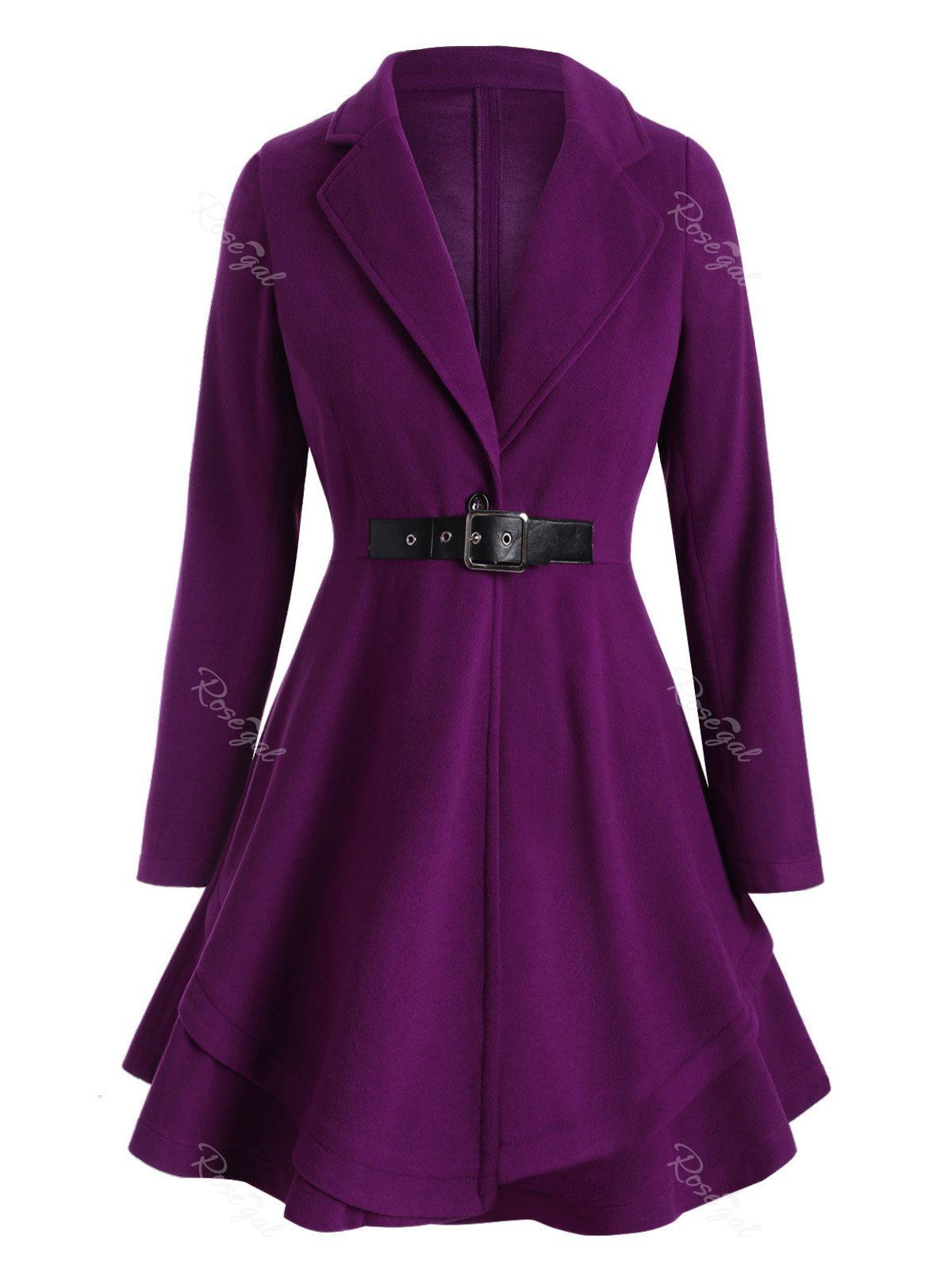 

Longline Buckle Skirted Wool Blend Plus Size Coat, Purple
