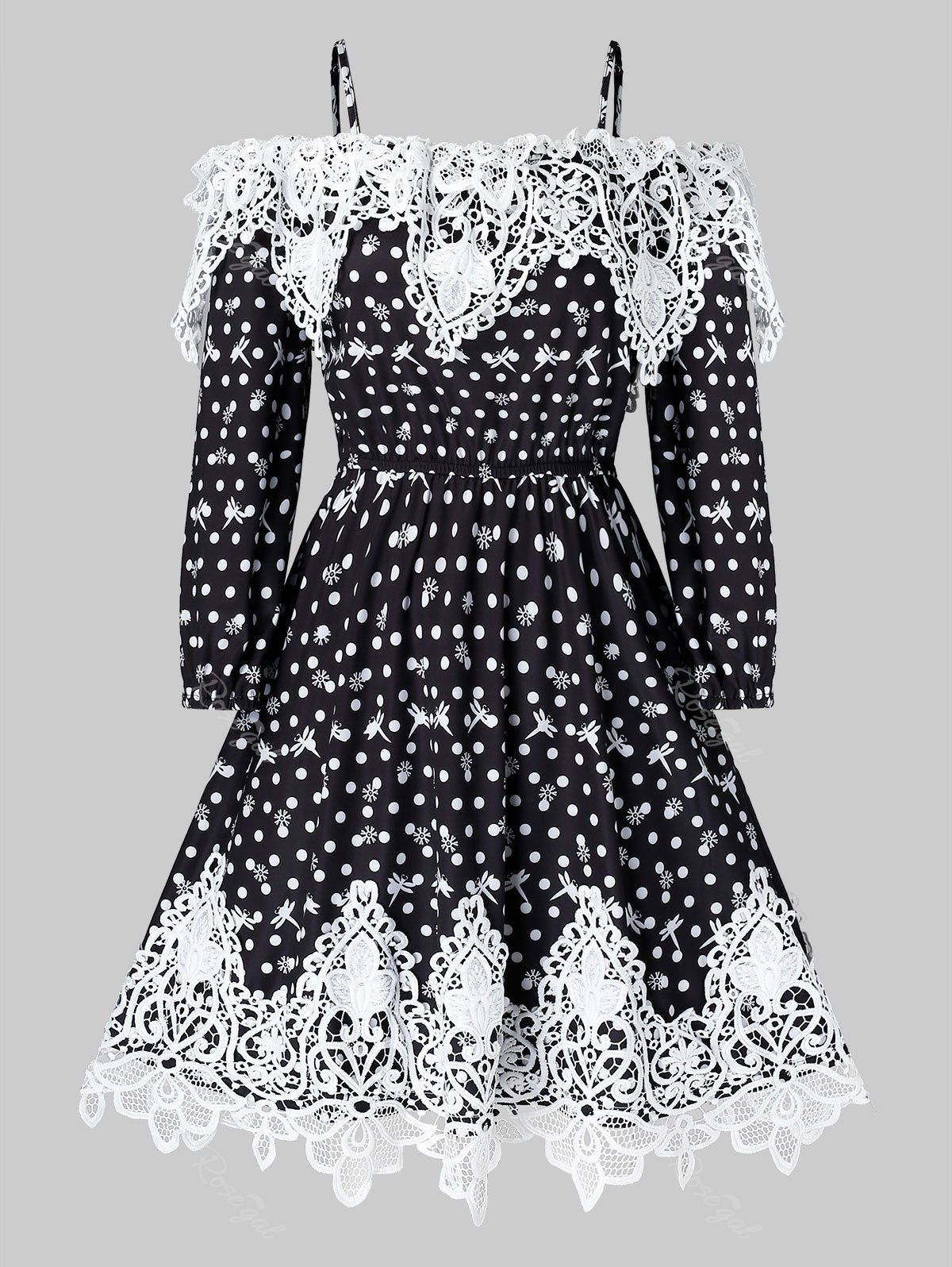 

Plus Size Open Shoulder Dotted Lace Applique Dress, Black