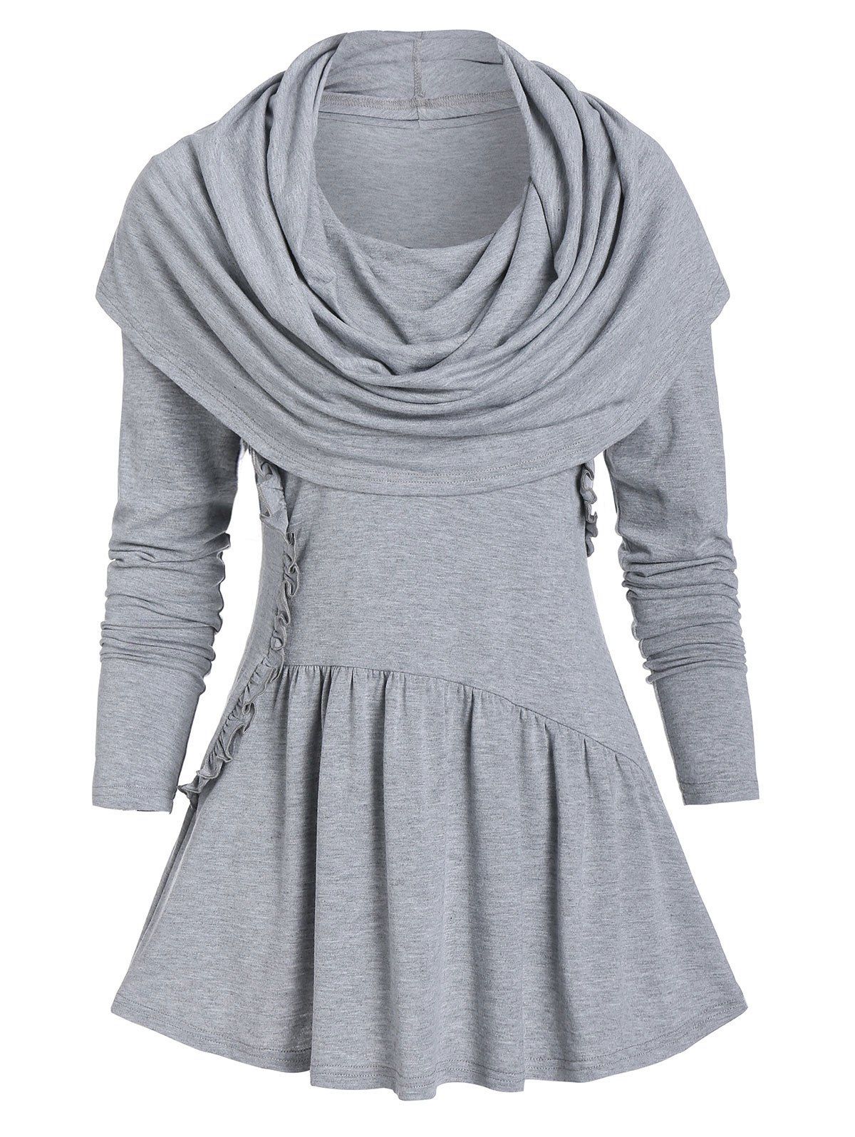 

Cowl Neck Ruffled Flounce T Shirt, Gray