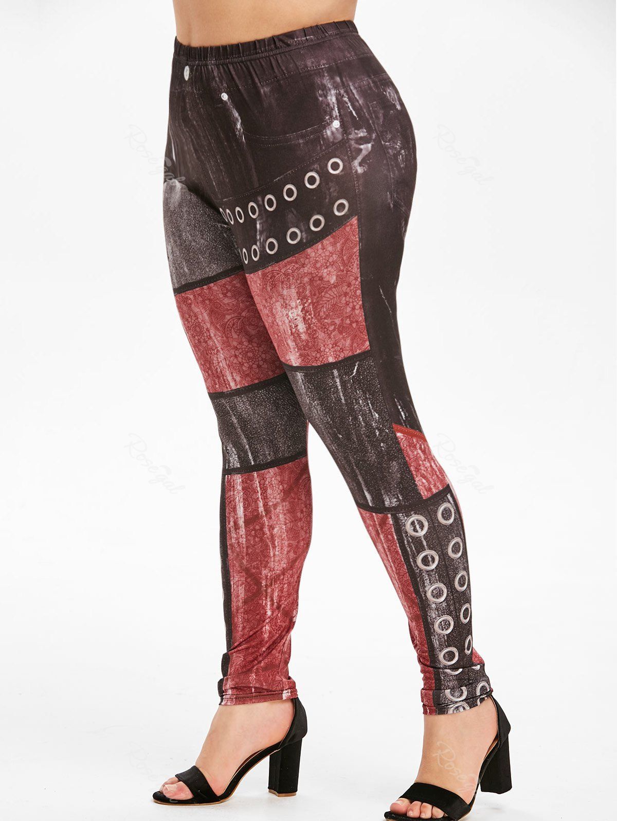 

High Waisted Pull On 3D Grommet Printed Plus Size Leggings, Black