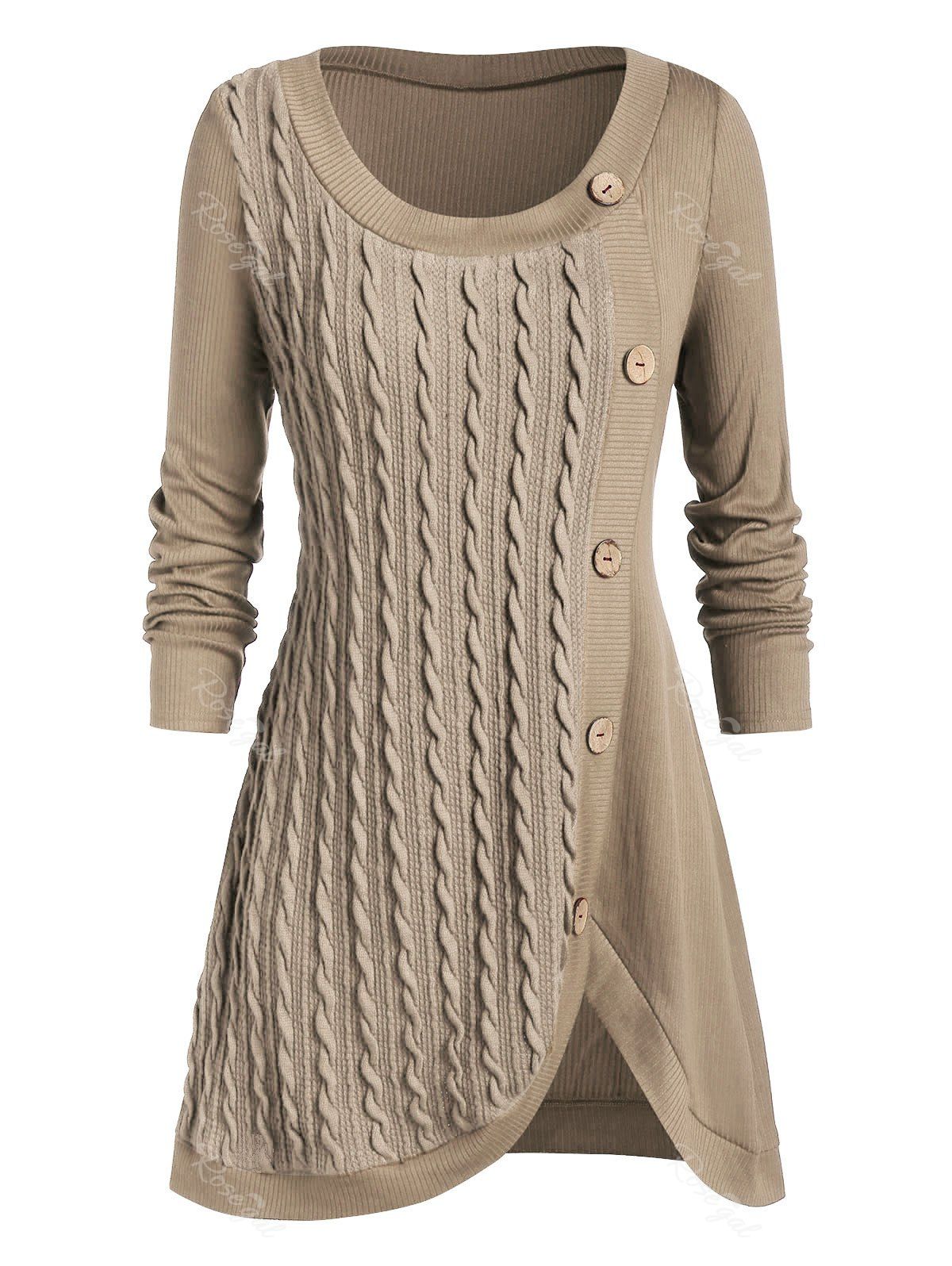 

Plus Size Split Buttoned Cable Knit Sweater, Khaki