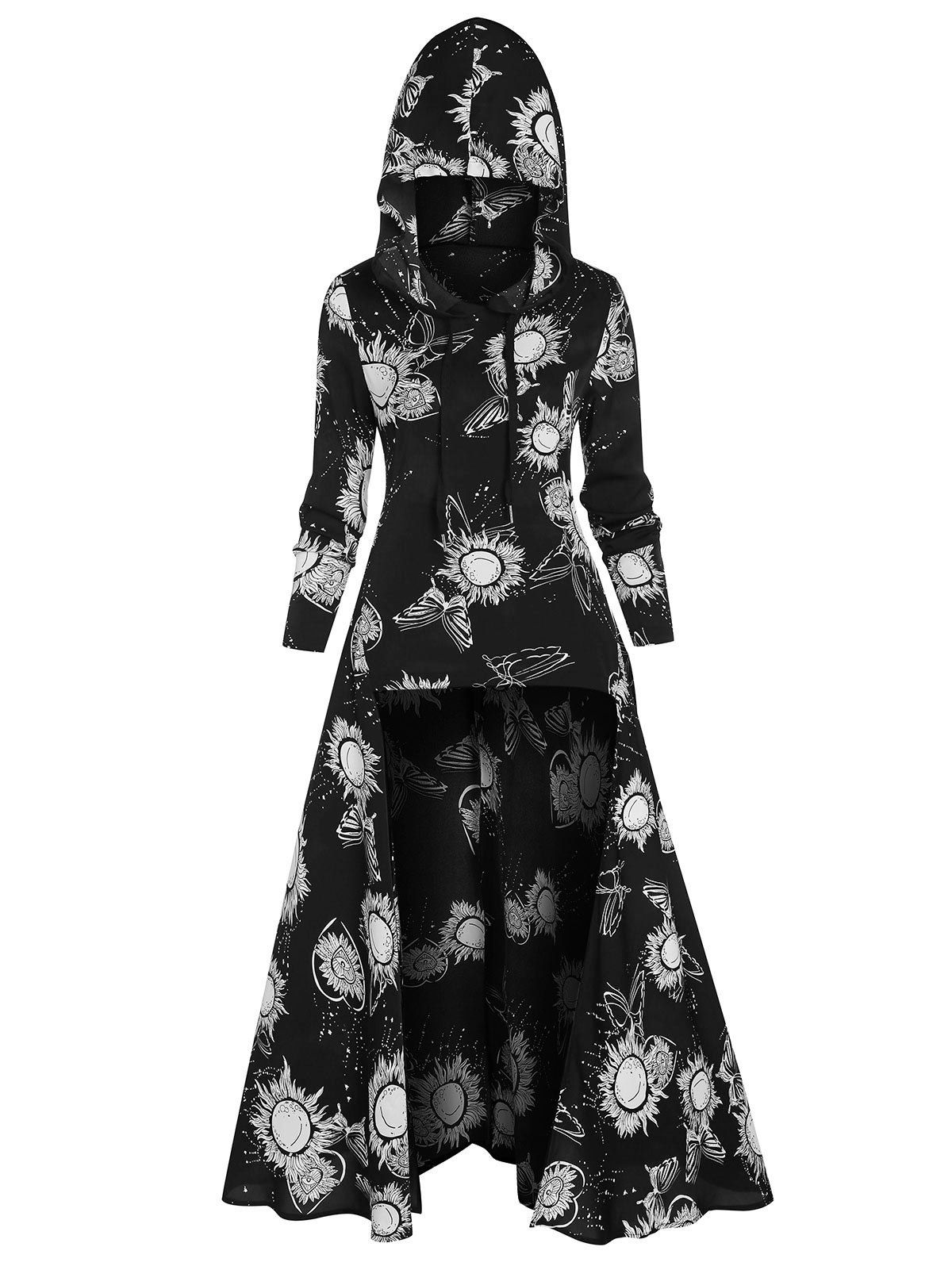 

Sun Print High Low Drawstring Long Hoodie, Black