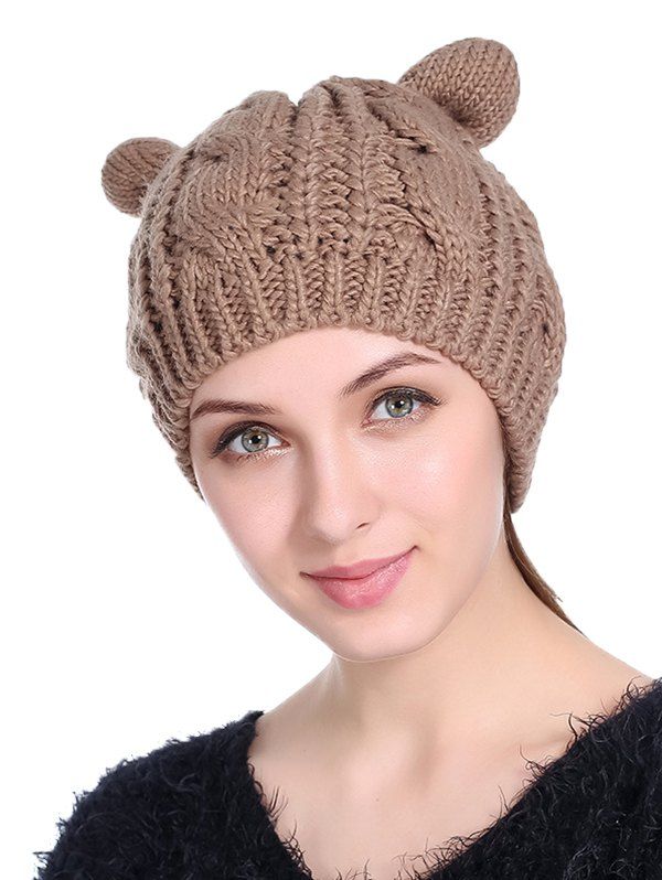 

Cat Ear Elastic Braid Knitted Hat, Khaki