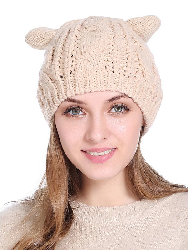 

Cat Ear Elastic Braid Knitted Hat, Beige