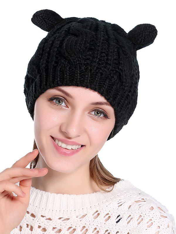 

Cat Ear Elastic Braid Knitted Hat, Black