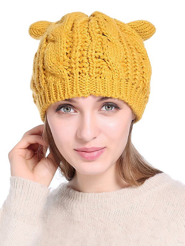 

Cat Ear Elastic Braid Knitted Hat, Yellow
