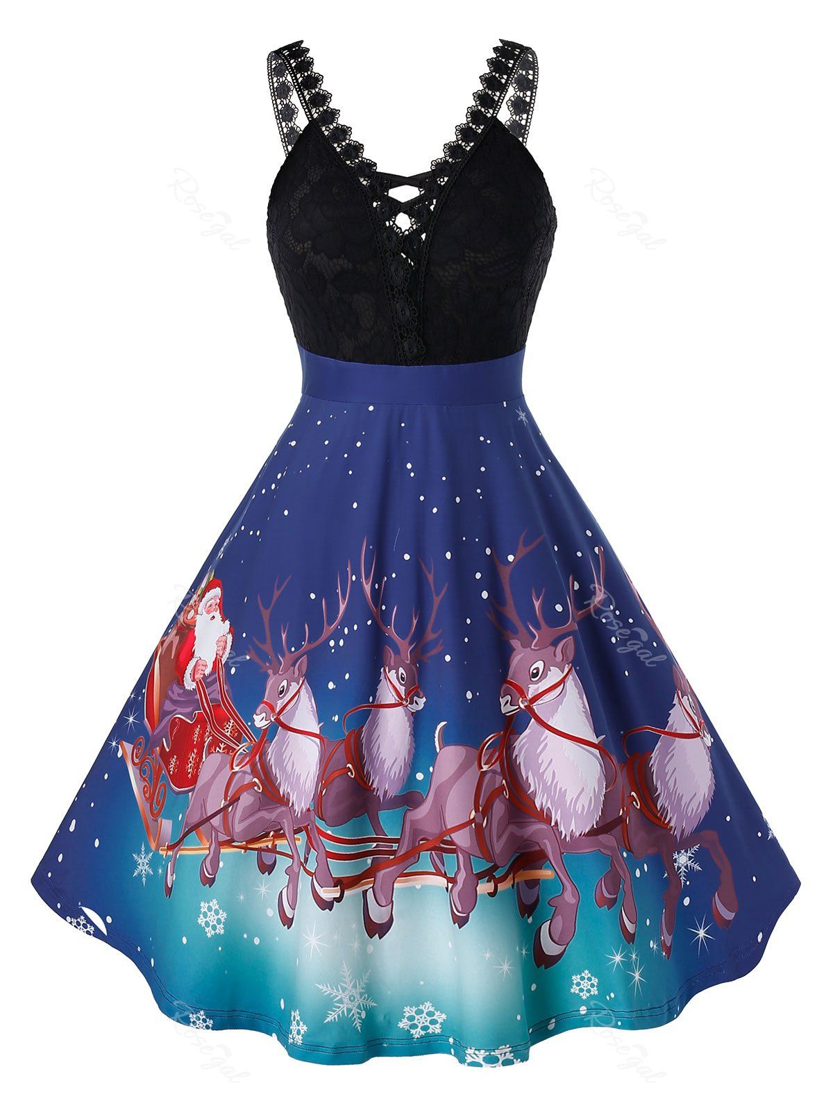 

Plus Size Christmas Vintage Santa Claus Elk Print Party Dress, Lapis blue