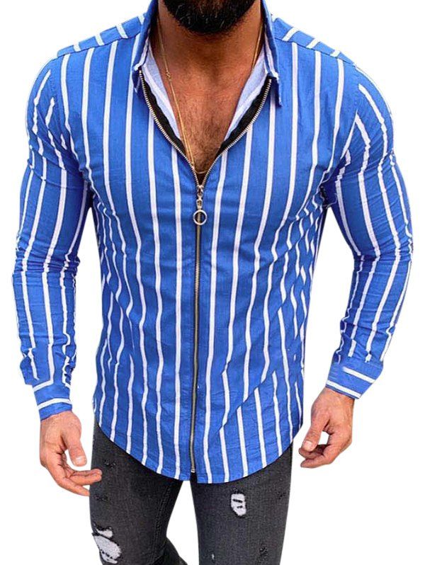 

Stripes Ring Zipper Long Sleeve Shirt, Blue