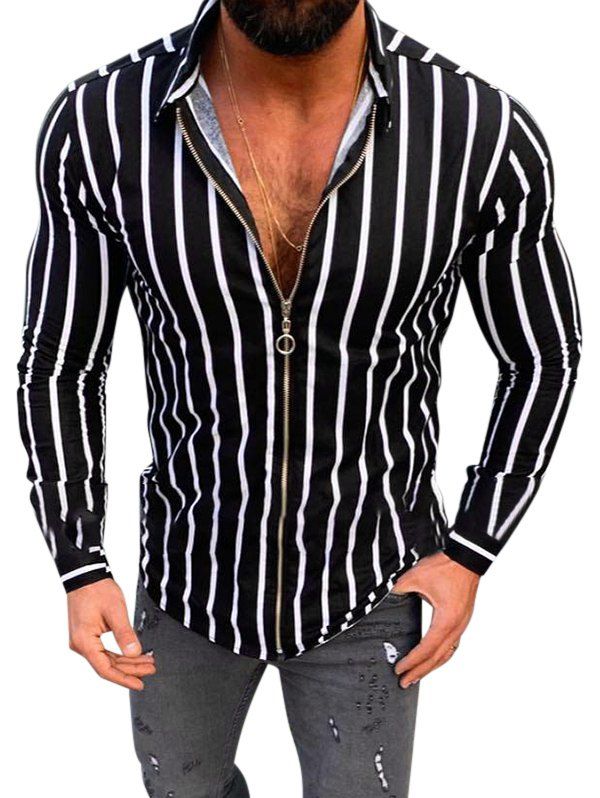 

Stripes Ring Zipper Long Sleeve Shirt, Black