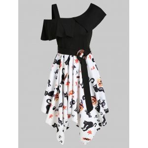 

Halloween Pumpkin Skull Skew Neck Asymmetrical Dress, Multi