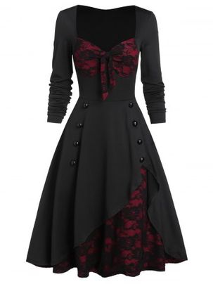 Flower Lace Insert Mock Button Long Sleeve Vintage Dress