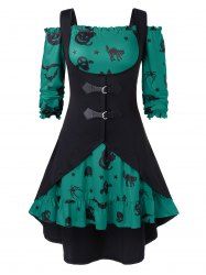 Robe d'Halloween Ligne A Vintage à Epaule Dénudée de Grande Taille avec Gilet en Couleur Unie - Vert Tortue de Mer 4X