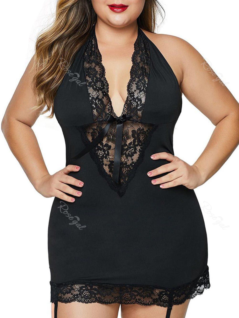 

T Back Lace Panel Garter Lingerie Plus Size Babydoll, Black