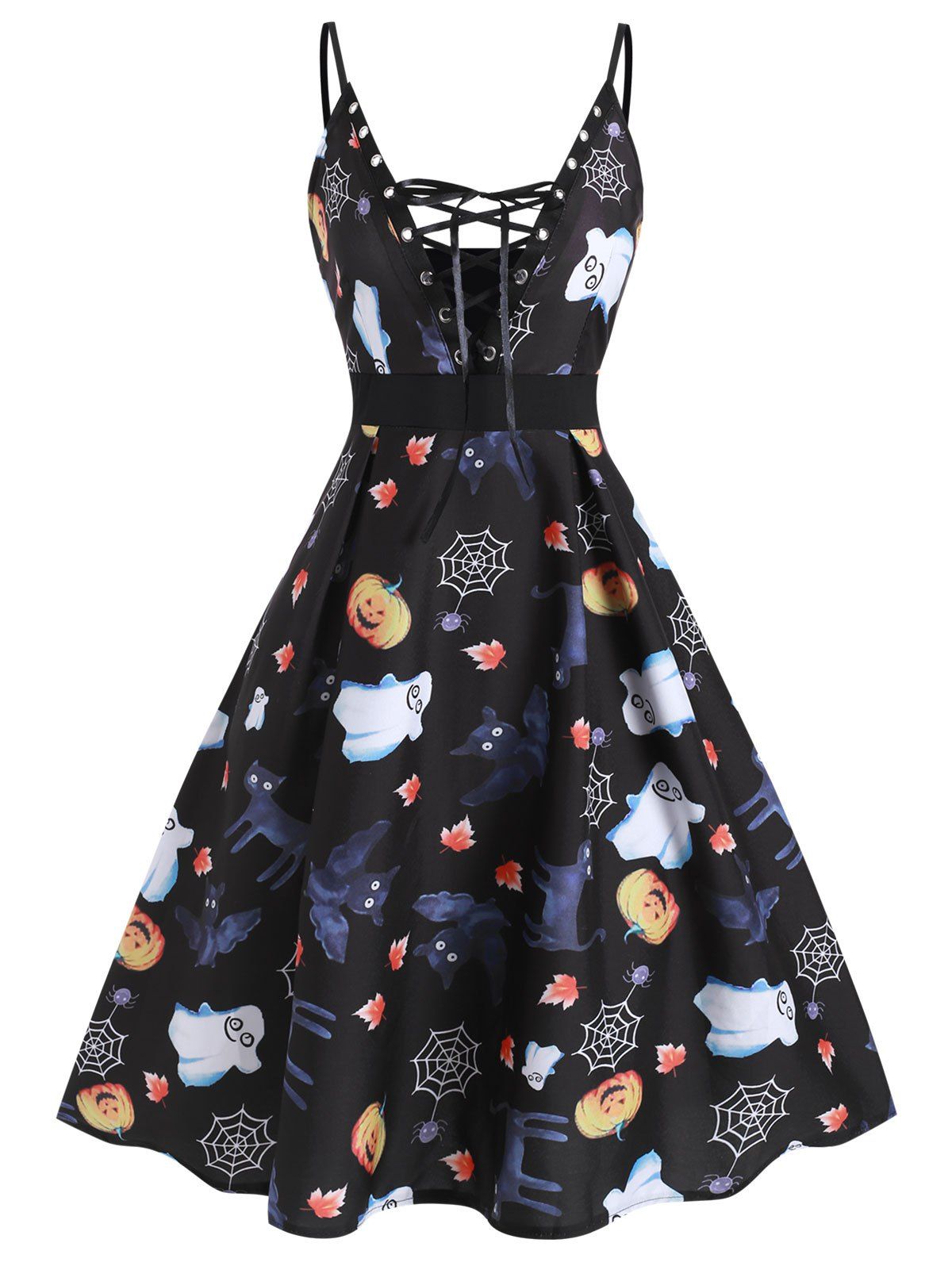 

Halloween Pumpkin Spider Print Lace Up Dress, Black