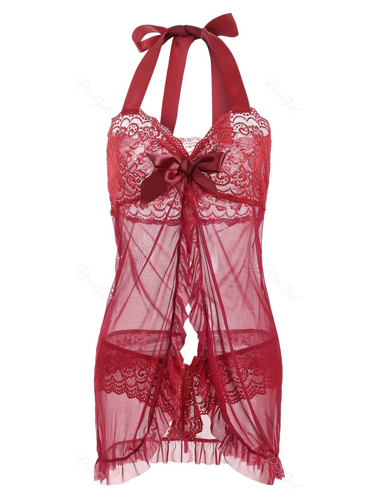 

Plus Size Bowknot Ruffle Halter Christmas Babydoll Set, Red