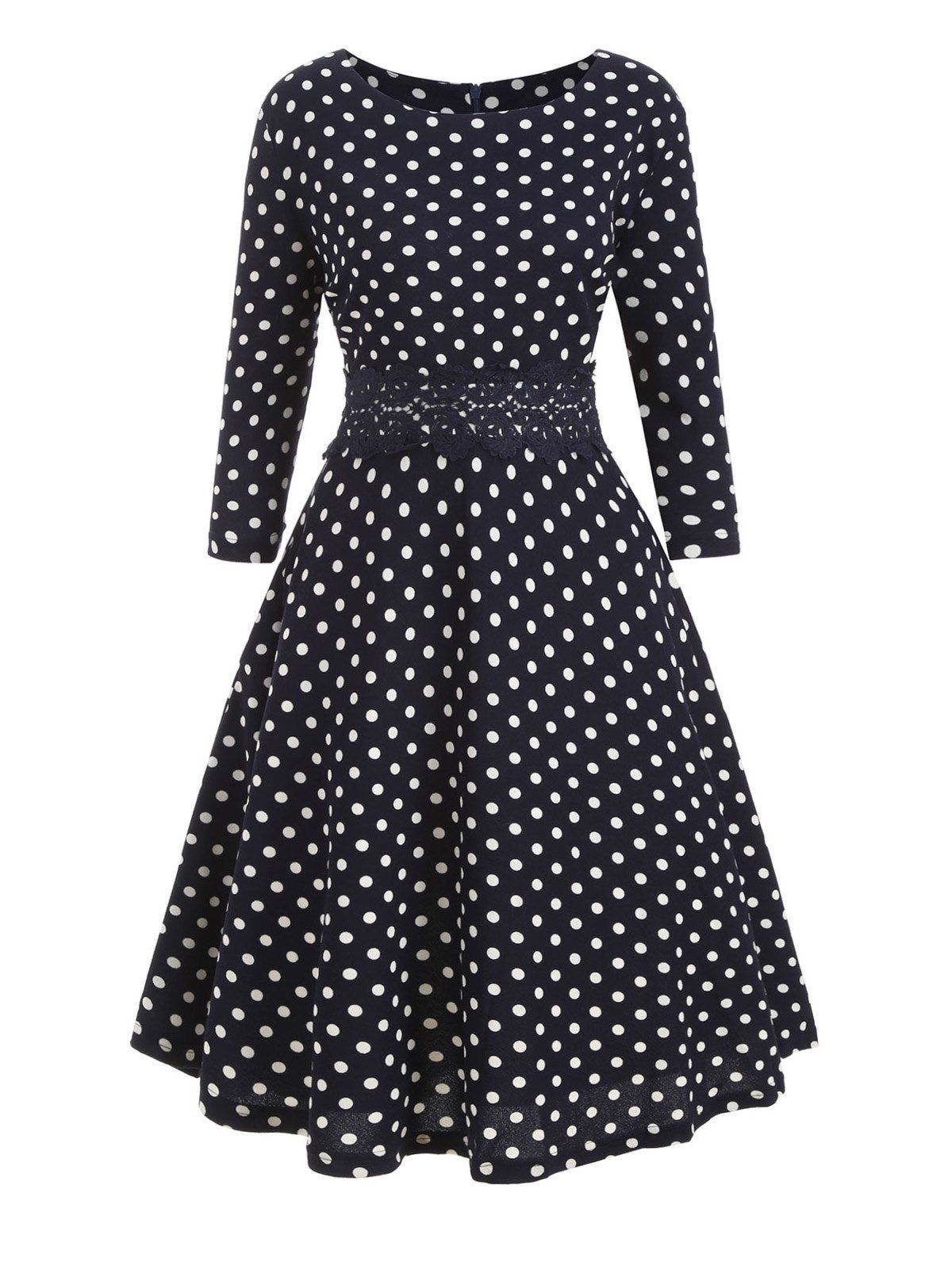 

Plus Size Polka Dot Print Lace Panel Vintage Dress, Peacock blue