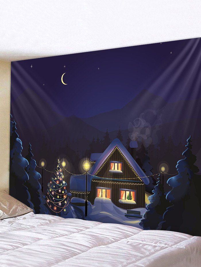 

Christmas Tree Snow House Print Wall Tapestry, Multi-a