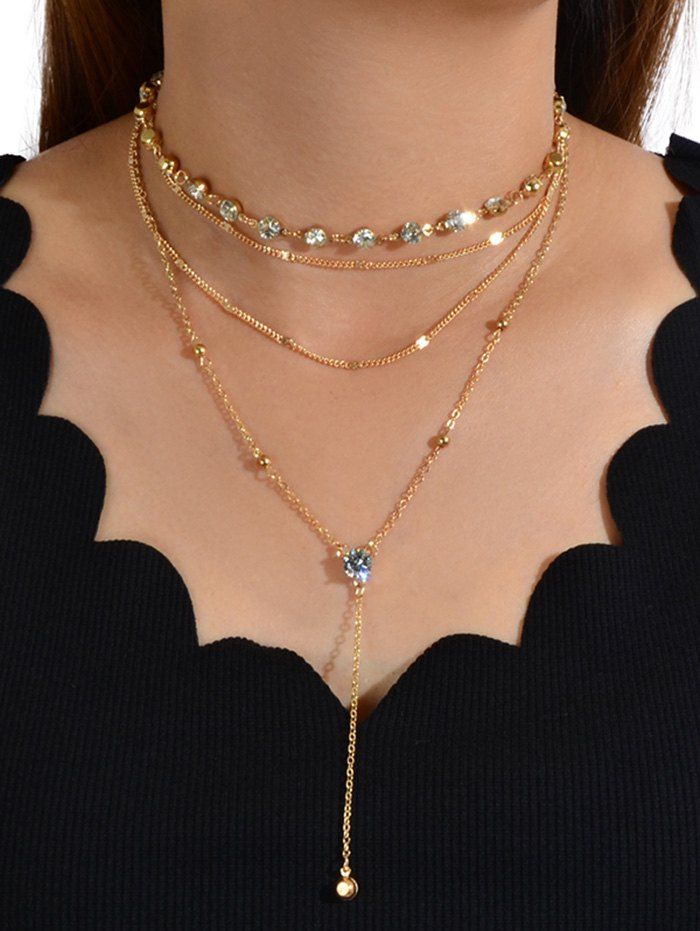 

2Pcs Chain Rhinestone Layered Necklace Set, Gold