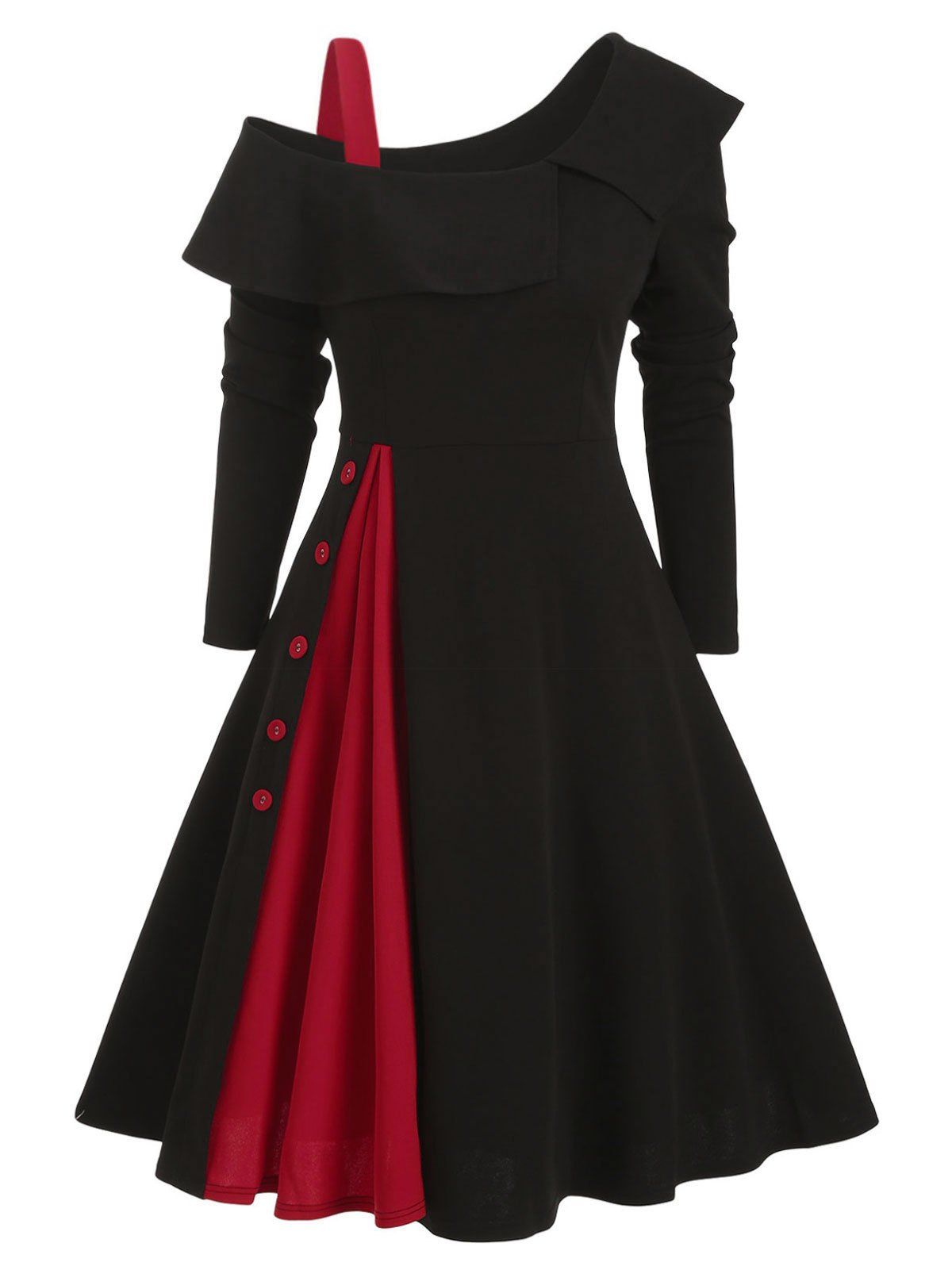

Skew Neck Mock Button Belted Dress, Black