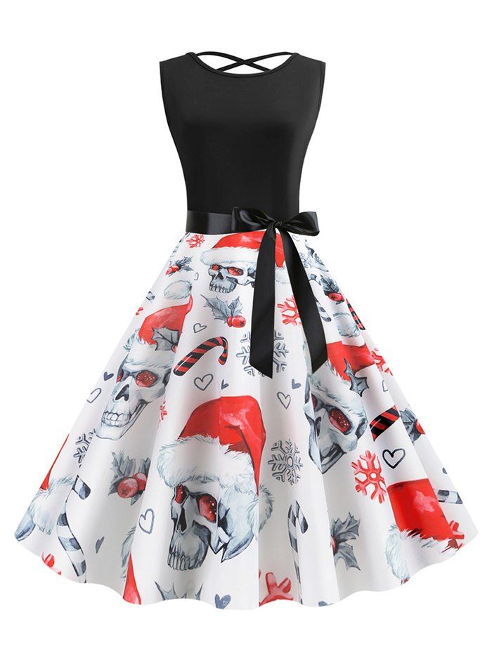 

Skull Belted Sleeveless Halloween Christmas Dress, Multi-a