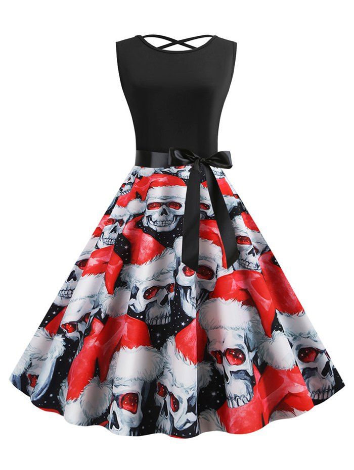 

Skull Belted Sleeveless Halloween Christmas Dress, Multi-b