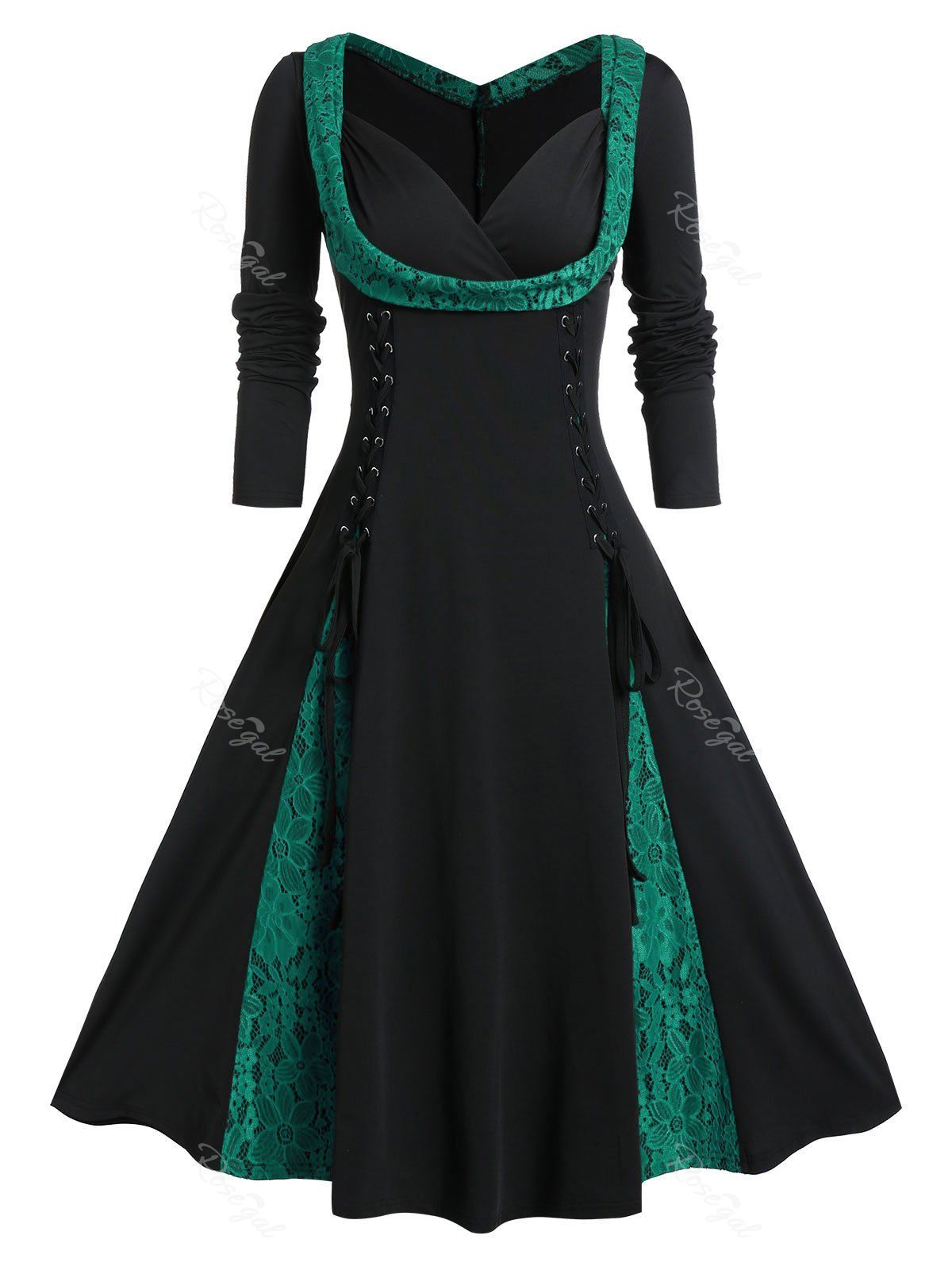

Plus Size Lace Panel A Line Sweetheart Neck Vintage Dress, Macaw blue green