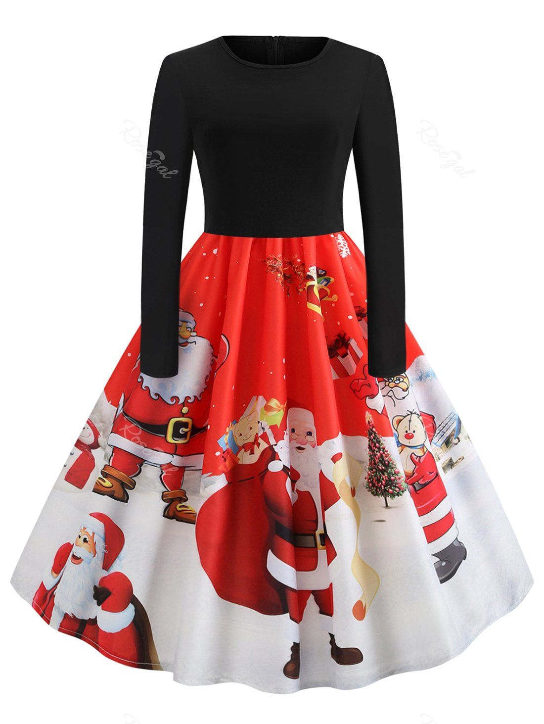 

Plus Size Christmas Vintage Santa Claus Print Party Dress, Red