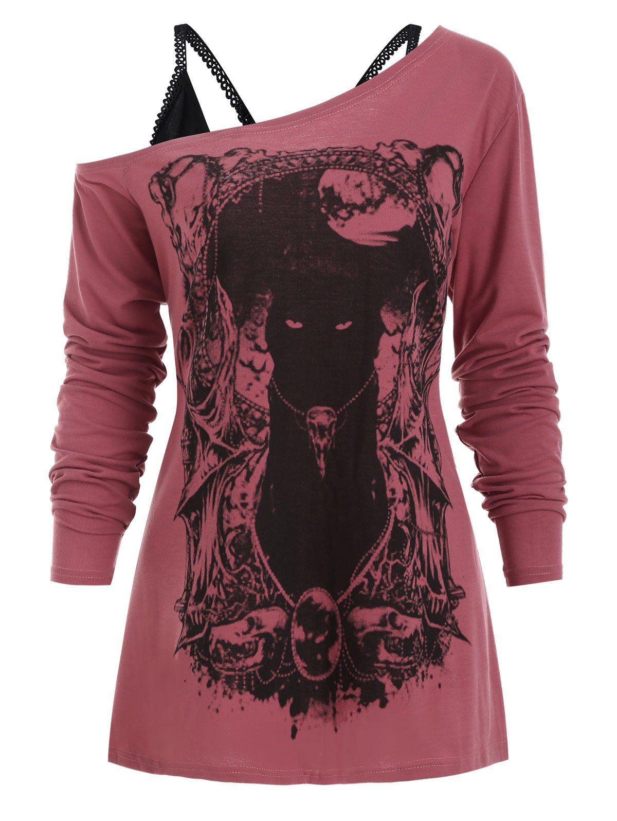 

Cat Long Sleeves Gothic Tee with Cami Top, Tulip pink