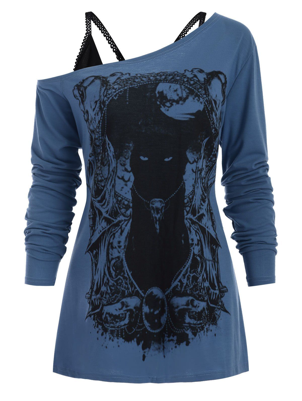 

Cat Long Sleeves Gothic Tee with Cami Top, Slate blue