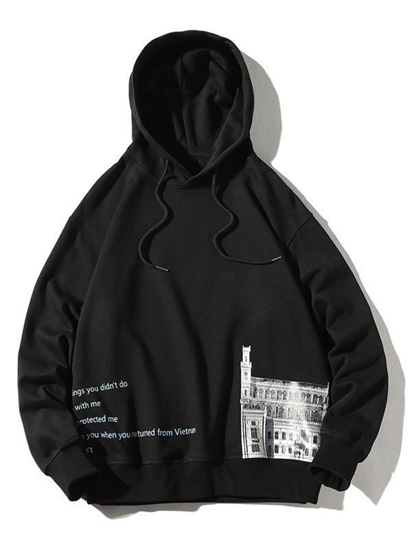 

Plus Size Letters and Building Print Drawstring Hoodie, Black
