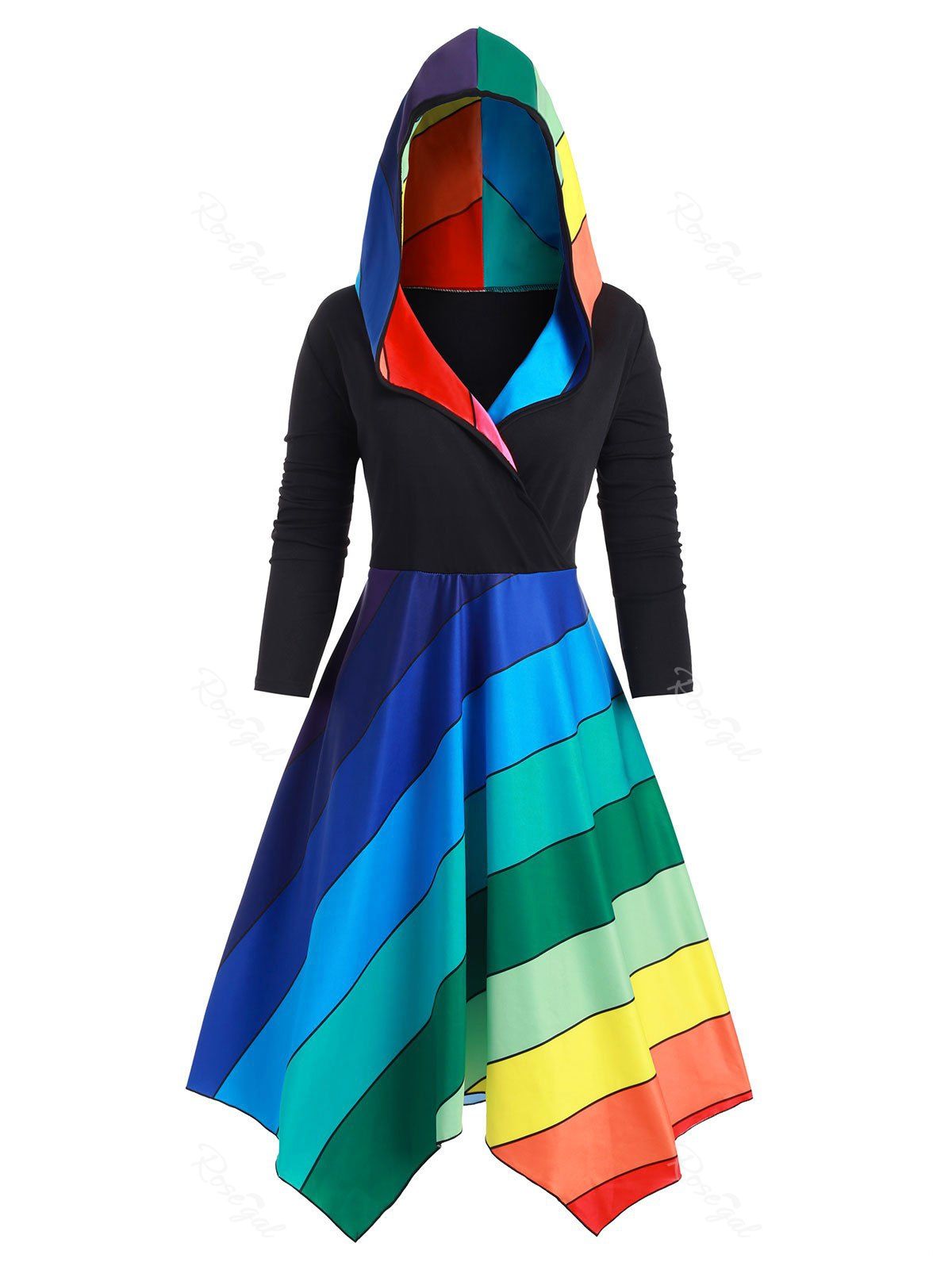 

Plus Size Hooded Rainbow Stripe Long Coat, Black