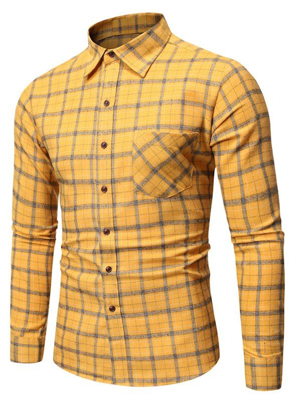 

Plaid Pattern Button Long-sleeved Casual Shirt, Bright yellow