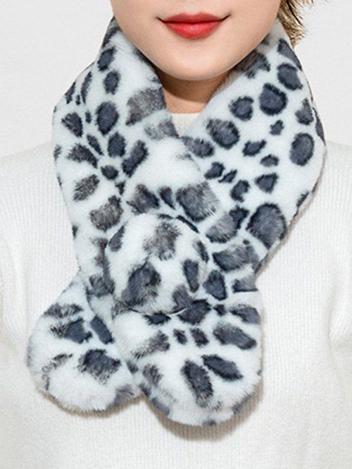 

Leopard Fuzzy Ball Faux Fur Long Scarf, White