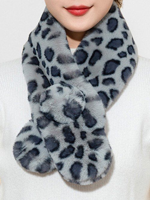 

Leopard Fuzzy Ball Faux Fur Long Scarf, Gray