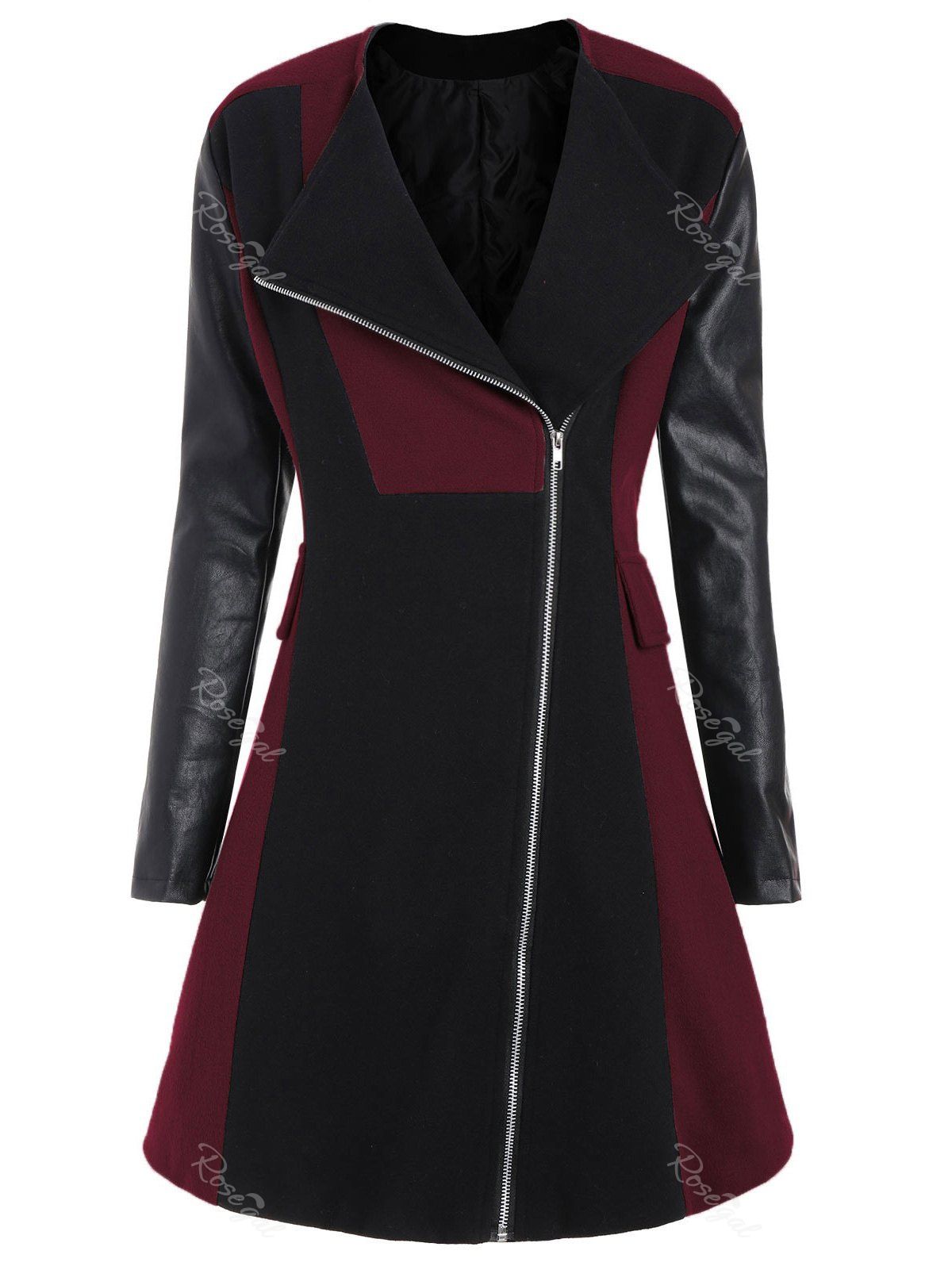 

Plus Size Two Tone PU Insert Woollen Coat, Red wine