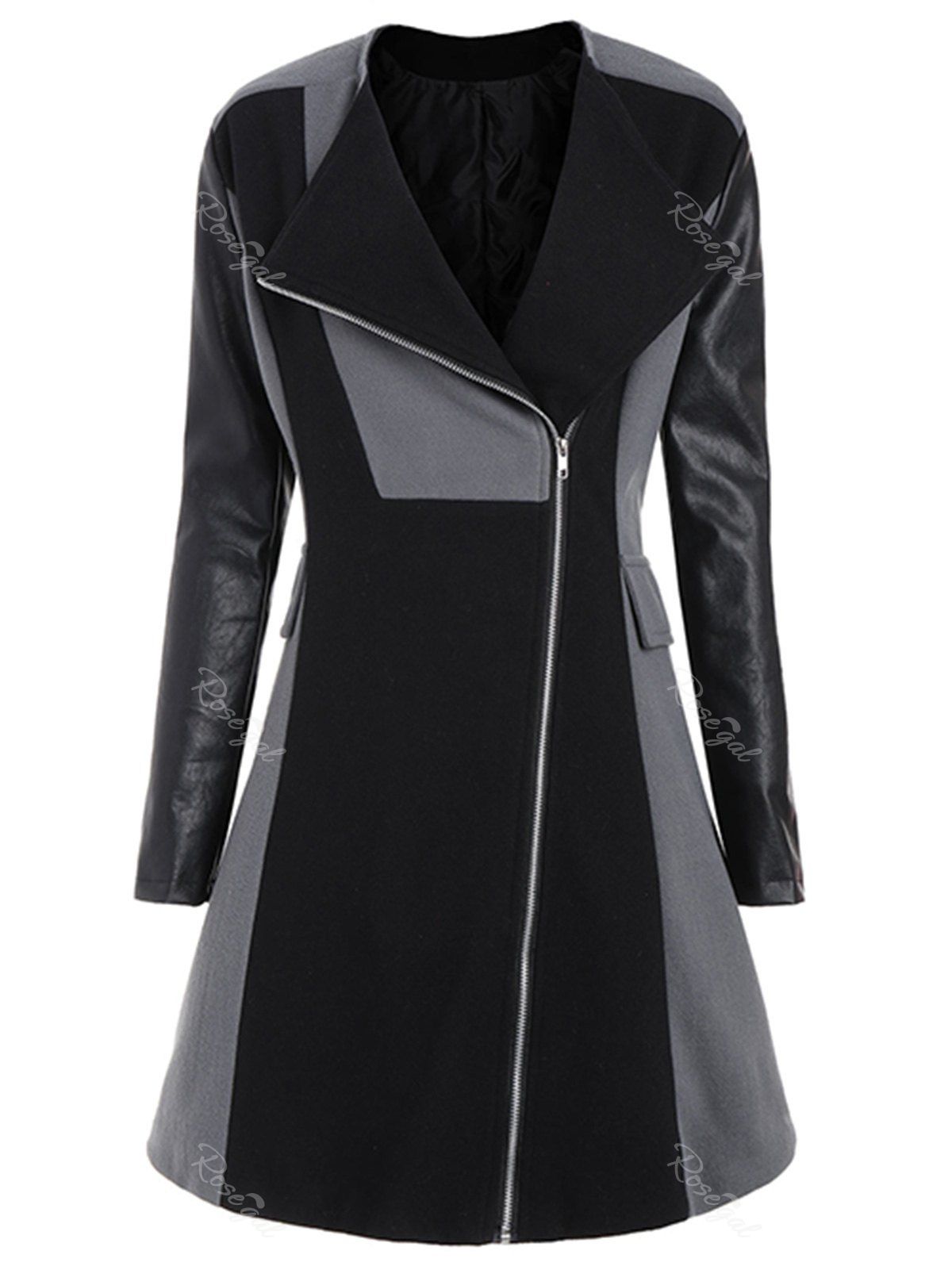 

Plus Size Two Tone PU Insert Woollen Coat, Gray
