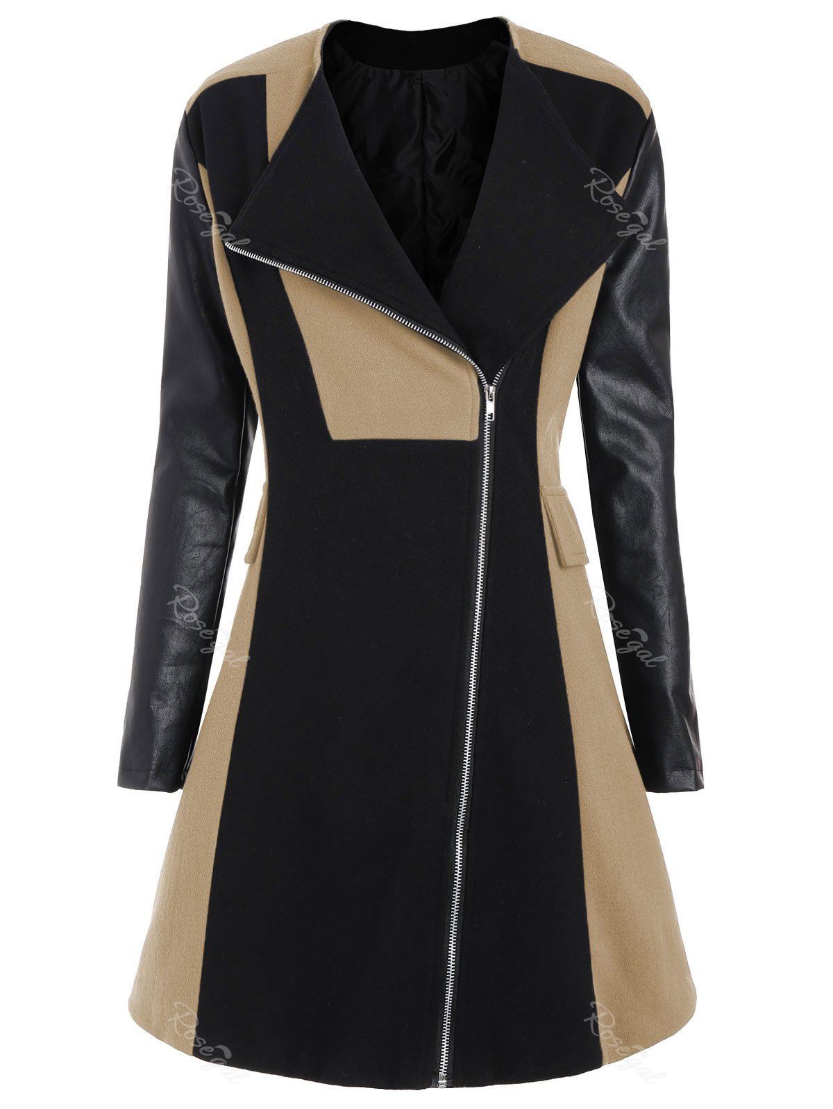 Plus Size Two Tone PU Insert Woollen Coat, Light khaki