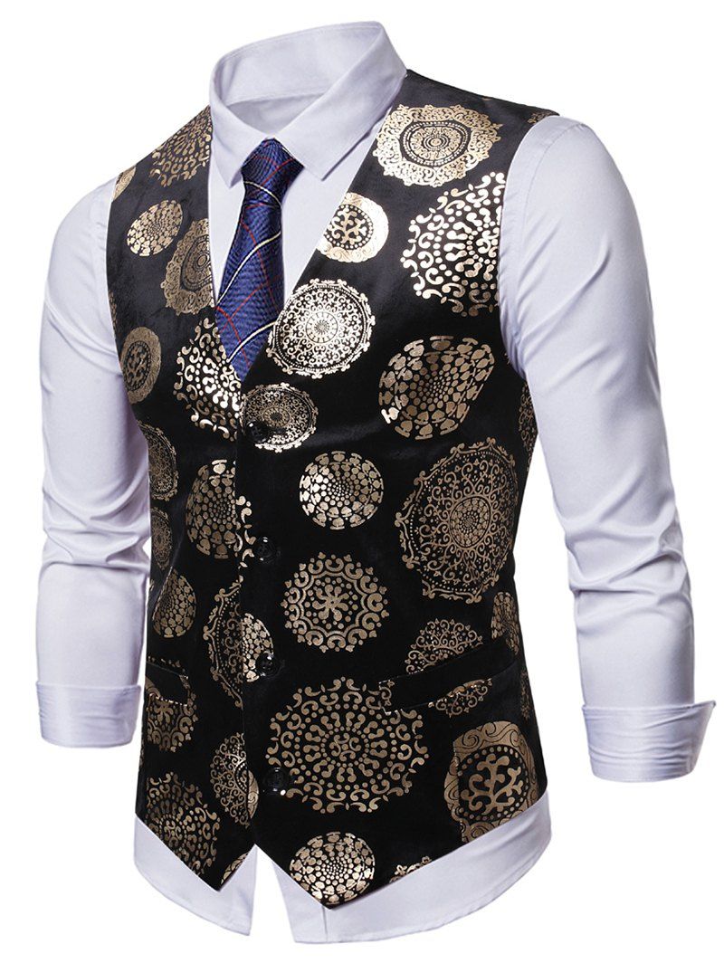 

Floral Gilding Printed Casual Waistcoat, Black