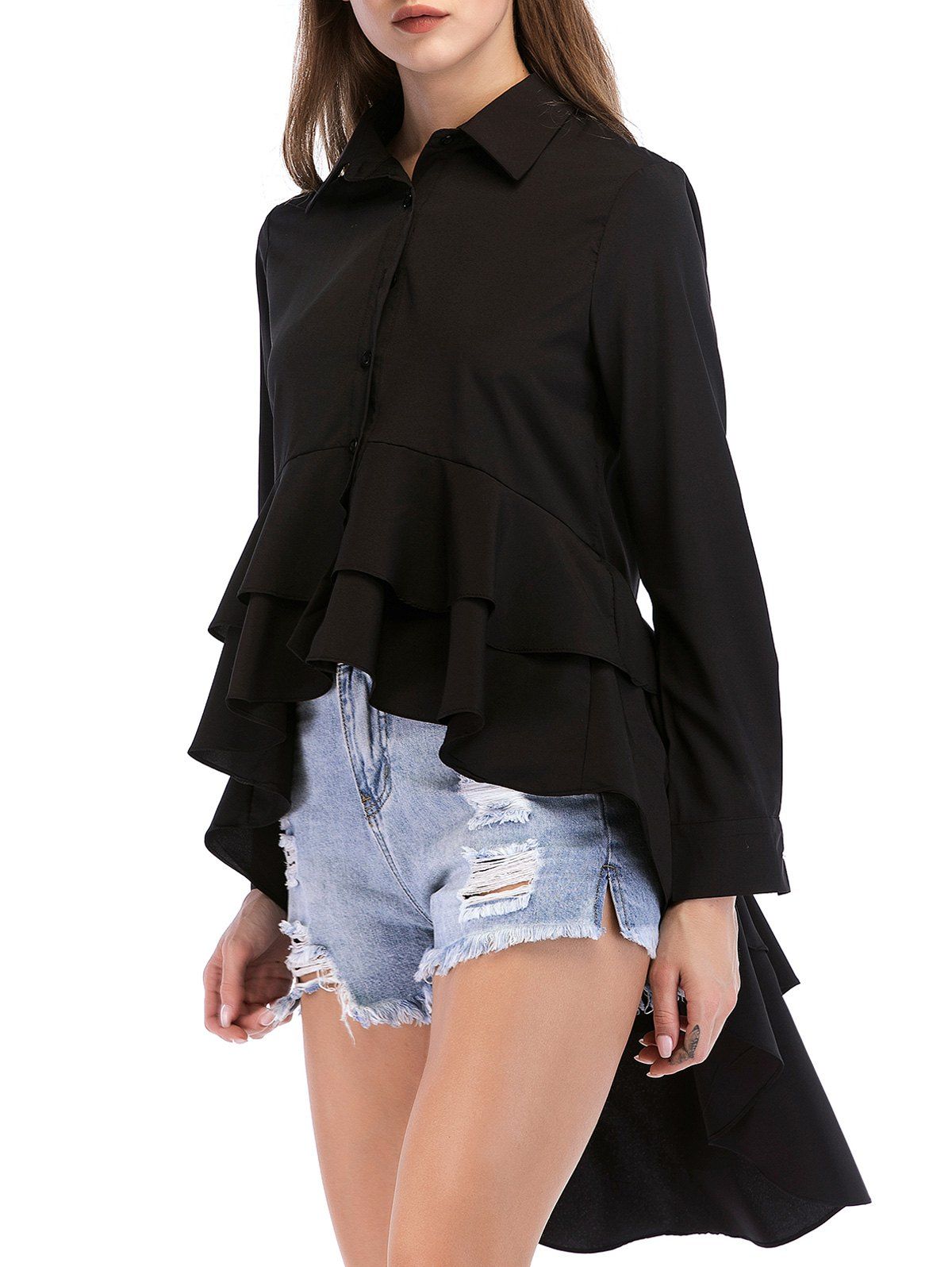 

Dip Hem Long Sleeve Peplum Shirt, Black