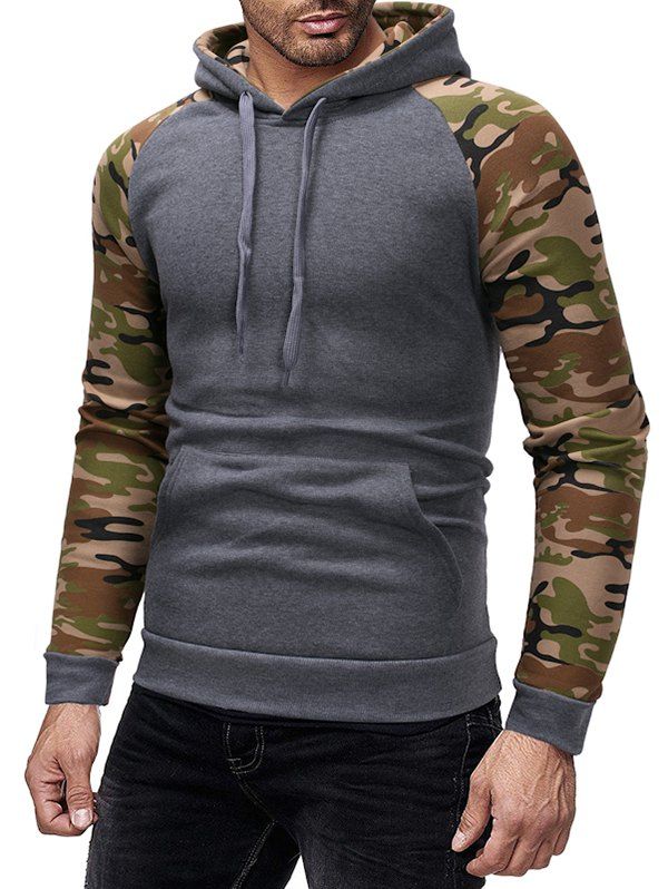 

Camouflage Print Spliced Raglan Sleeve Drawstring Hoodie, Dark gray