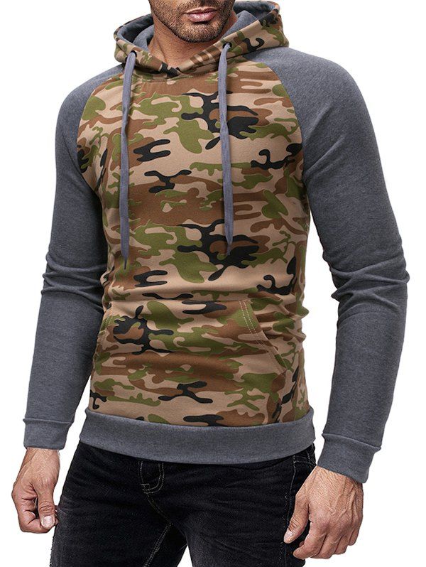 

Camouflage Print Spliced Raglan Sleeve Drawstring Hoodie, Green