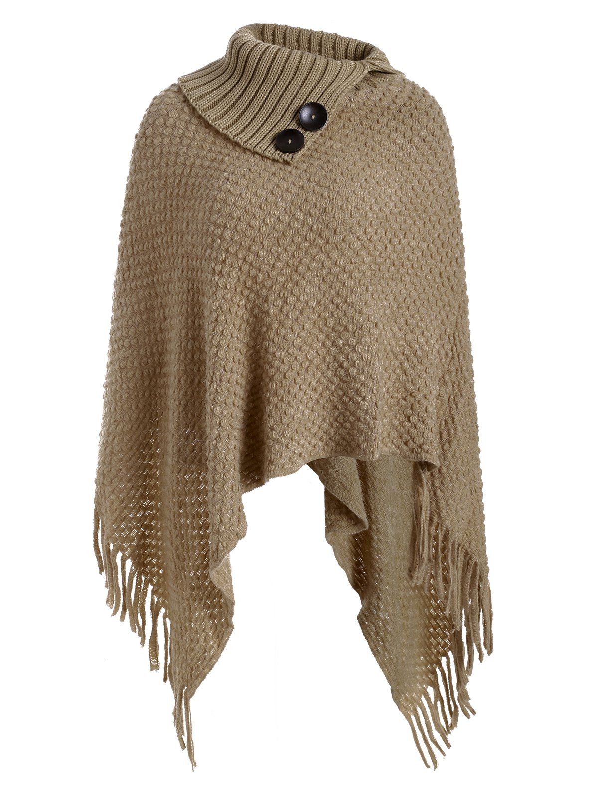 

Mock Button Fringed Solid Cape Sweater, Brown