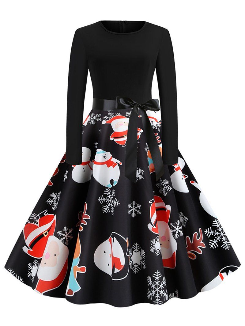 

Santa Claus Reindeer Belted Christmas Long Sleeves Dress, Black