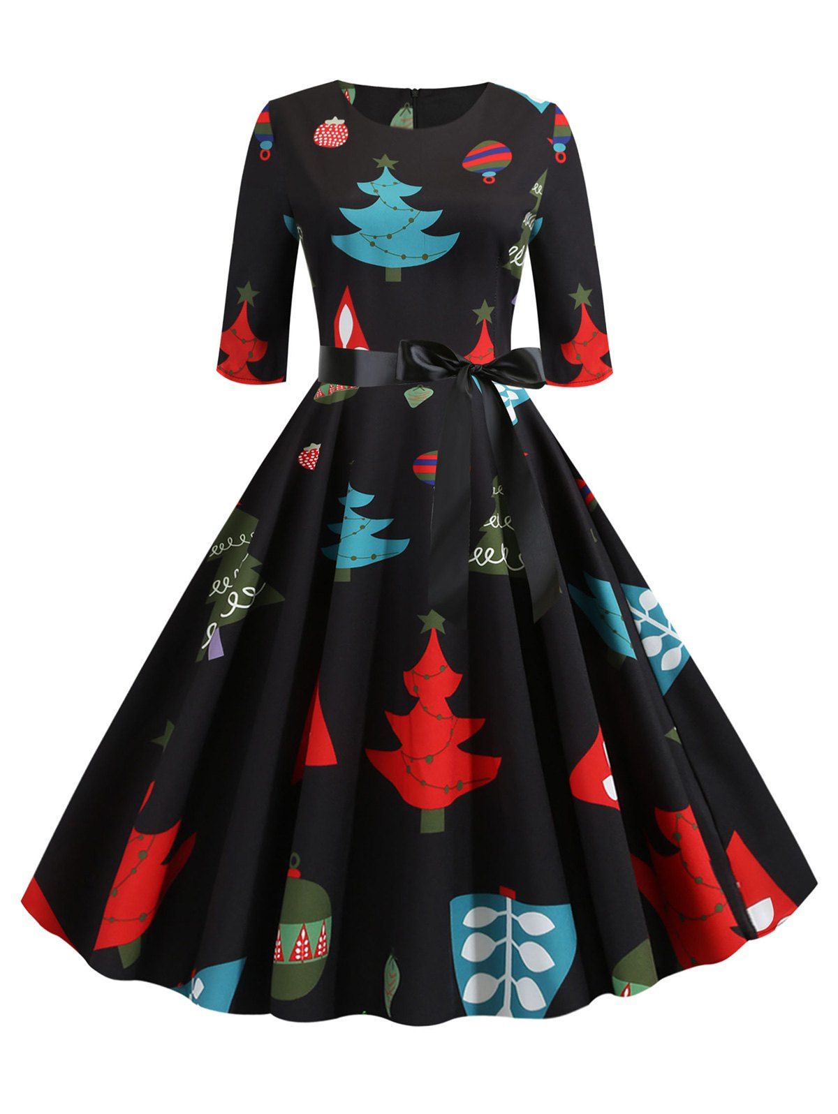 

Christmas Tree Print Belted Party Dress, Multi-a